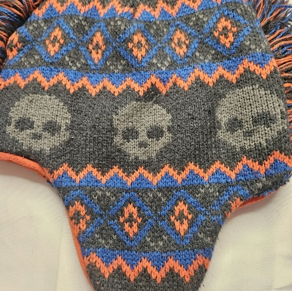 Unbranded Boys Gray, Blue And Orange Skull Mohawked Winter Hat With Ear Flaps